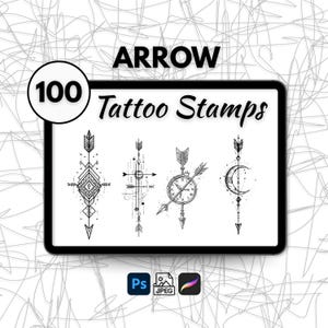 Pode incluir: Um tablet digital exibe quatro desenhos de carimbos de tatuagem de flechas em preto e branco. A palavra "ARROW" está no topo, com "100" em um círculo e "Tattoo Stamps" abaixo. O tablet também mostra ícones do Photoshop e Procreate.