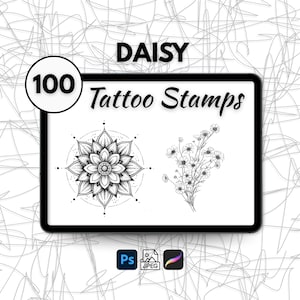 May include: A digital art image featuring two black and white tattoo stamp designs. One is a detailed floral mandala, and the other is a bouquet of daisies. The word "DAISY" and "100 Tattoo Stamps" are displayed.