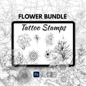 May include: Black and white digital art of a flower bundle with the text "FLOWER BUNDLE Tattoo Stamps". The image features various floral designs, including tulips, peonies, and sunflowers. The image is in a digital format, with "Ps" and "JPEG" icons.