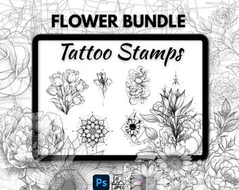 May include: Black and white digital art of a flower bundle with the text "FLOWER BUNDLE Tattoo Stamps". The image features various floral designs, including tulips, peonies, and sunflowers. The image is in a digital format, with "Ps" and "JPEG" icons.