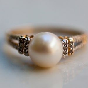 Estate Pearl and Diamond Accent Ring Set in 14K Solid Yellow Gold, Size 7 / Pearl Ring / Pearl Engagement Ring / image 1