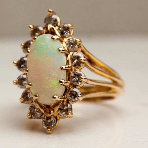 Real Opal Ring, Diamond 14k Gold, Size 6.5, Large Opal Diamond Ring, Engagement Ring