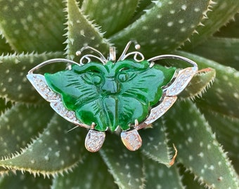 Jade Butterfly 14k Gold Brooch Pendant, Diamond Accents, Carved Jade, for Necklace