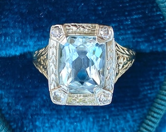 Art Deco Aquamarine Ring, Aquamarine Birthstone Ring in 14k Gold with Diamonds
