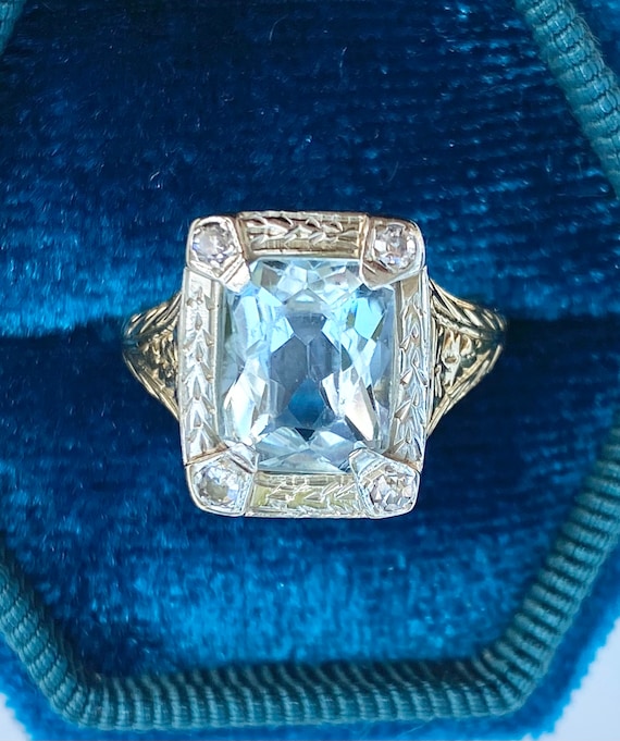 Art Deco Aquamarine Ring, Aquamarine Birthstone Ri