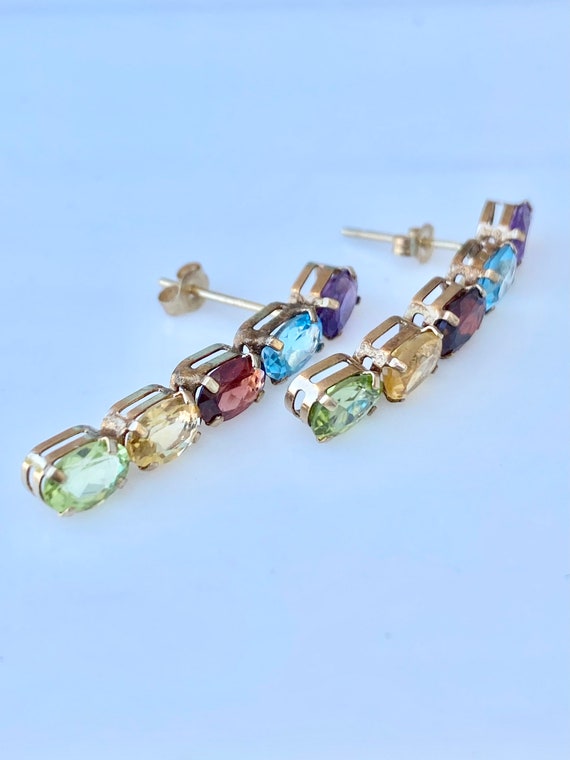 Multi Gemstone Gold Earrings, 10k Amethyst, Garne… - image 3