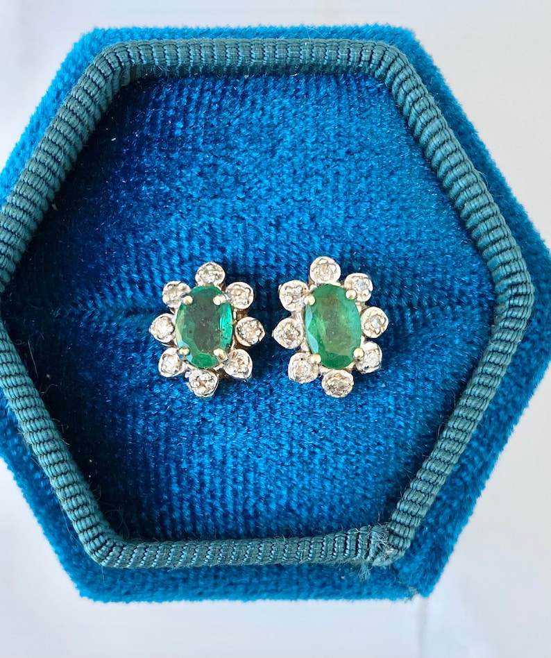 Diamond Emerald Studs, One Carat, 14k Gold Stud Halo Earrings image 6