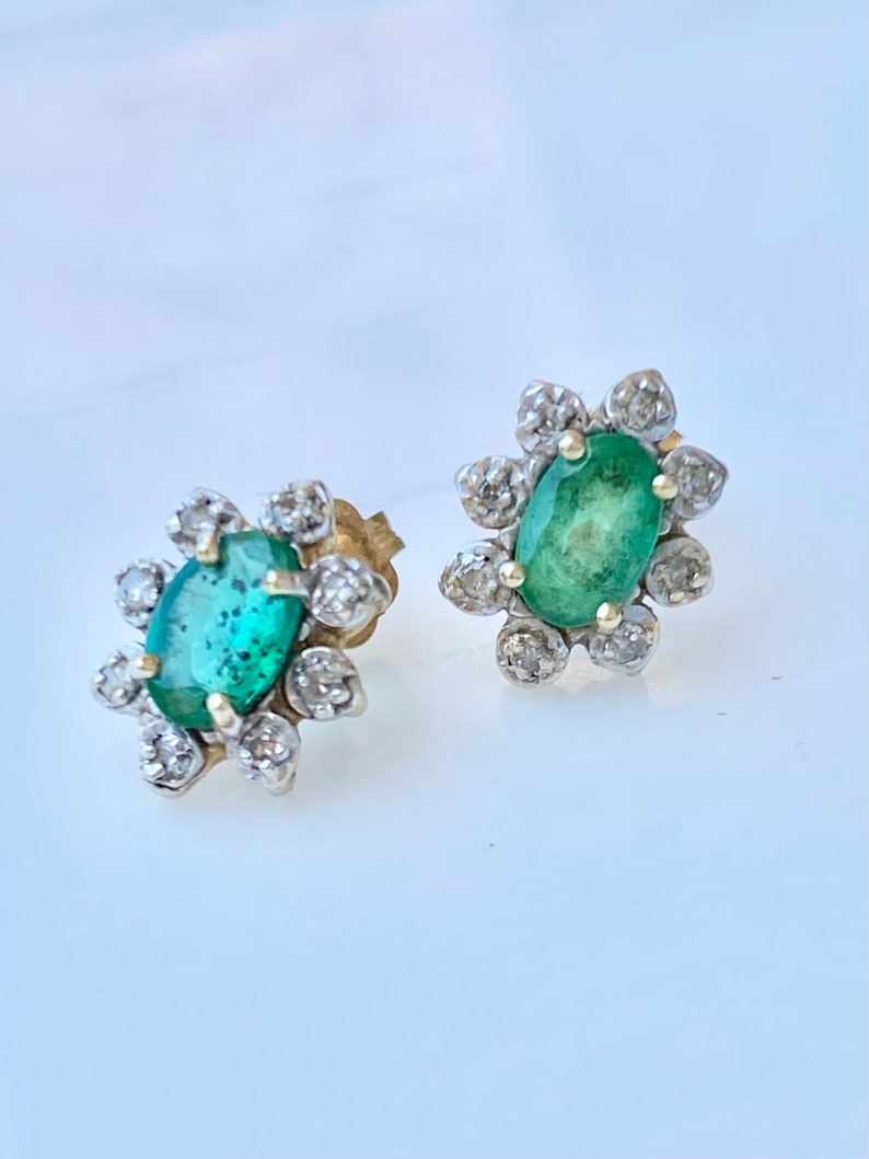 Diamond Emerald Studs, One Carat, 14k Gold Stud Halo Earrings image 9