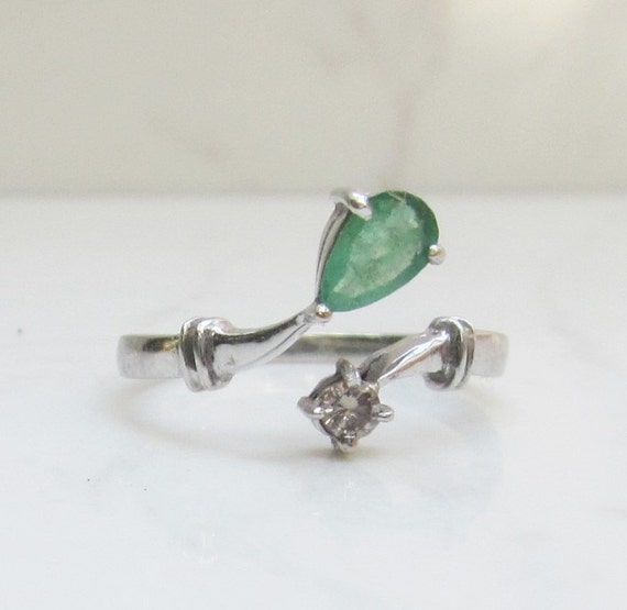 Emerald and Diamond 18k Gold Ring, Size 7, Toi et Moi Ring