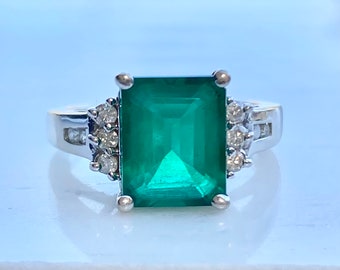 Emerald Diamond 14k Gold Ring, Three Carat Lab Emerald, Size 6