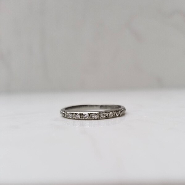 Vintage Thin Ornate Engraved Solid 18k Solid White Gold Diamond Wedding Band Stacking Band Anniversary Band, Size 6.5