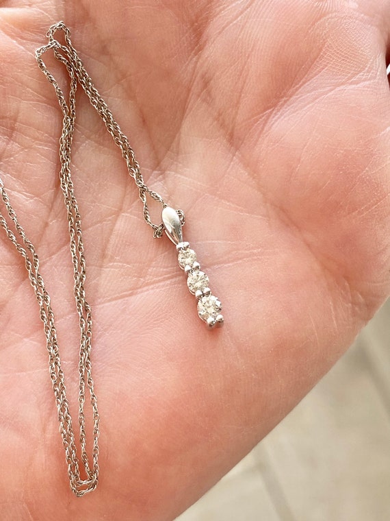 Natural Diamond Pendant, Three Stone Necklace, 14… - image 3