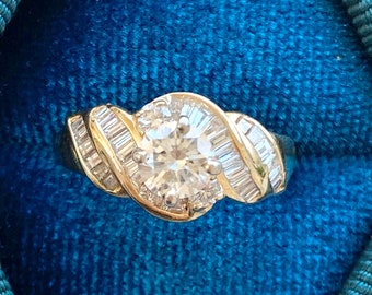 Diamond 14k Gold Engagement Ring, Baguette Swirls, Vintage Design, 1.72 TCW