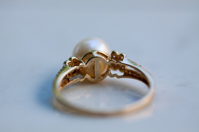 Estate Pearl and Diamond Accent Ring Set in 14K Solid Yellow Gold, Size 7 / Pearl Ring / Pearl Engagement Ring / image 4