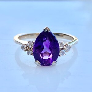 Amethyst Diamond Gold Ring, 14k Gold Ring, Size 5 1/2, Engagement, Pear Cut, February Birthstone Ring image 6