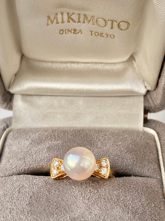 Mikimoto Pearl and Diamond 18k Gold Ring, Bow, Ri… - image 9
