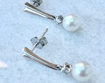 Pendientes colgantes de oro de 14 k con diamantes y perlas, pendientes nupciales de oro blanco con perlas