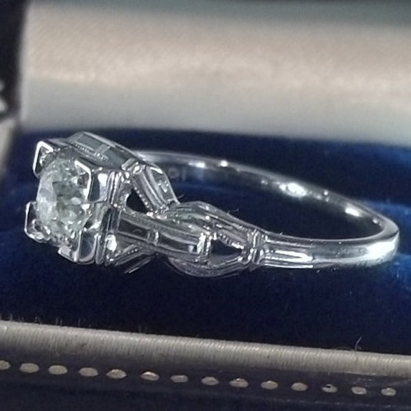 Art Deco 18K White Gold 0.39 Old European Cut Diamond Engagement Ring Professional G.I.A.  Appraisal for 2100 Dollars Size 5 1/2