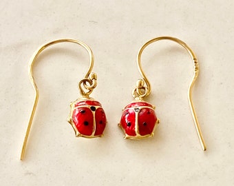 Vintage Ladybug Drop Earrings in 18K Gold, Red Enamel with Solid Yellow Gold, Gift for Her, Garden, Bug, Birthday Gift, Dangle, Charm