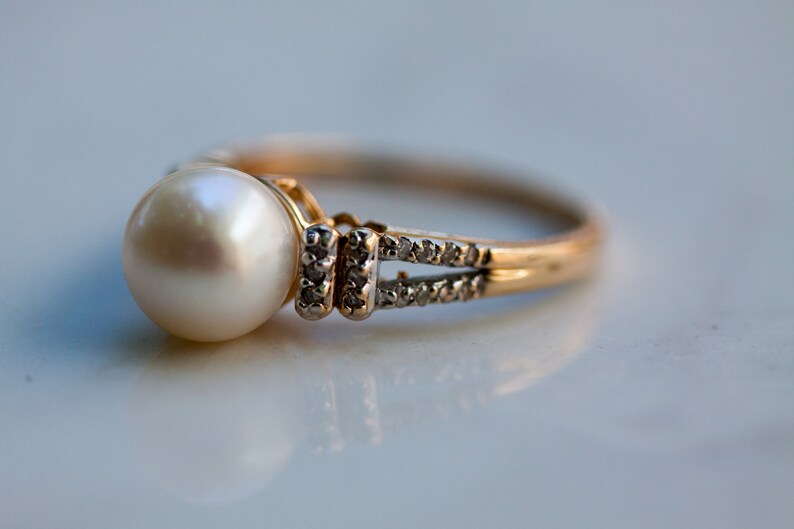 Estate Pearl and Diamond Accent Ring Set in 14K Solid Yellow Gold, Size 7 / Pearl Ring / Pearl Engagement Ring / image 2