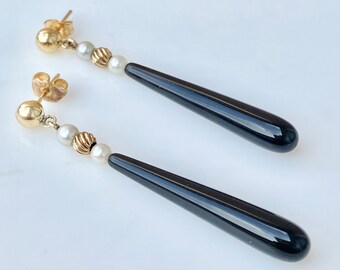 Onyx Drop Earrings, 14k Solid Gold Dangle Earrings with Pearl Accents, 14k Gold Statement Earrings