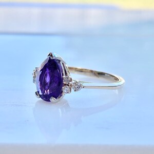 Amethyst Diamond Gold Ring, 14k Gold Ring, Size 5 1/2, Engagement, Pear Cut, February Birthstone Ring image 3