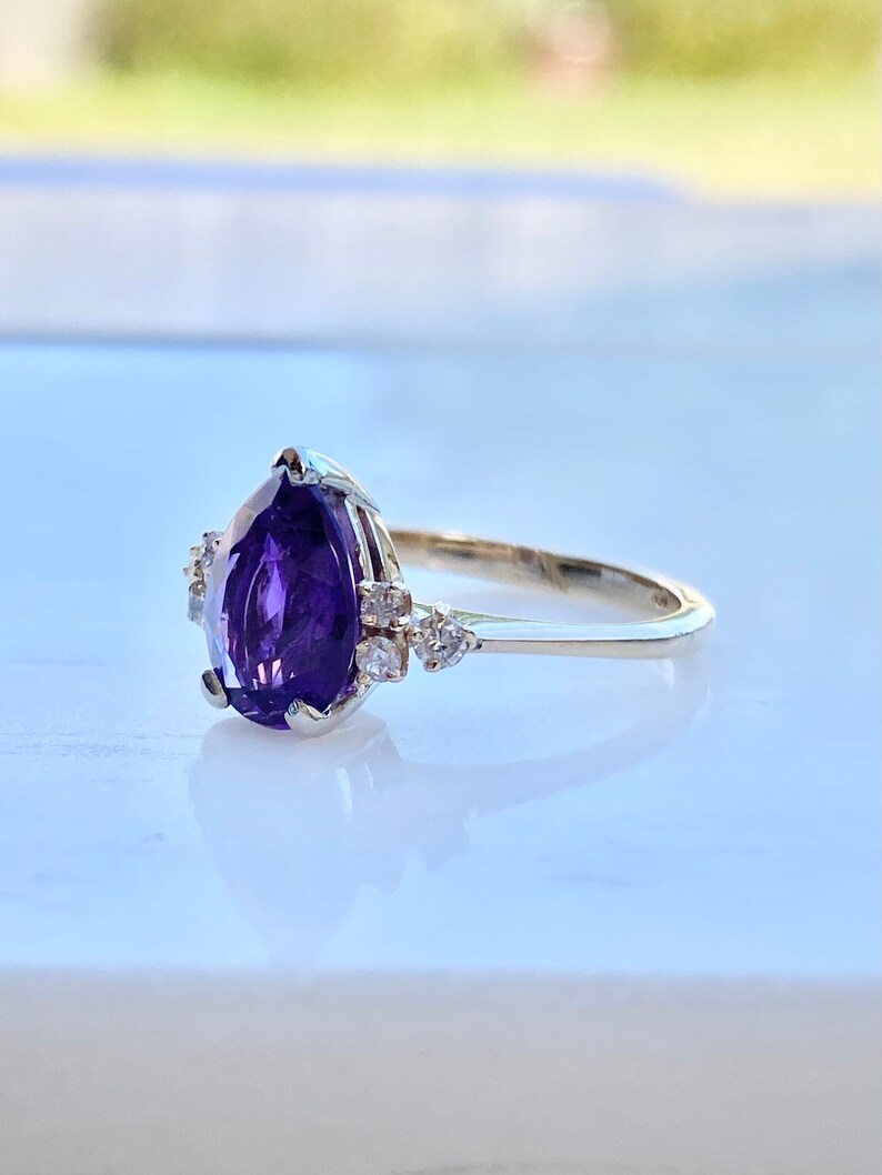 Amethyst Diamond Gold Ring, 14k Gold Ring, Size 5 1/2, Engagement, Pear Cut, February Birthstone Ring image 3