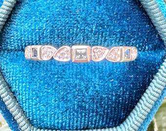 Alianza vintage de aguamarina y diamantes, anillo apilable de diamantes, talla 9