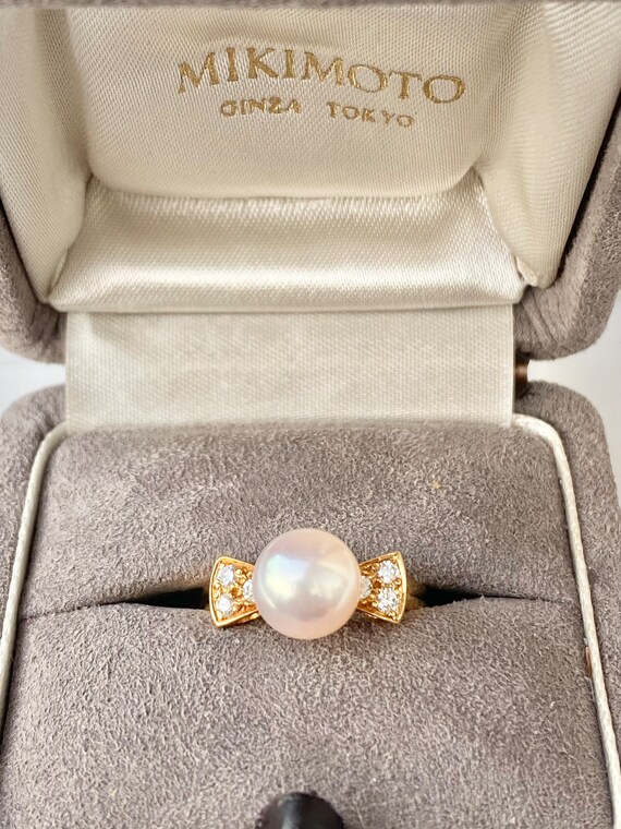 Mikimoto Pearl and Diamond 18k Gold Ring, Bow, Ri… - image 5