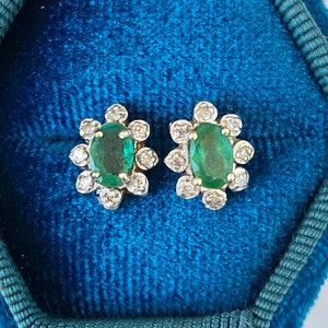 Diamond Emerald Studs, One Carat, 14k Gold Stud Halo Earrings image 1