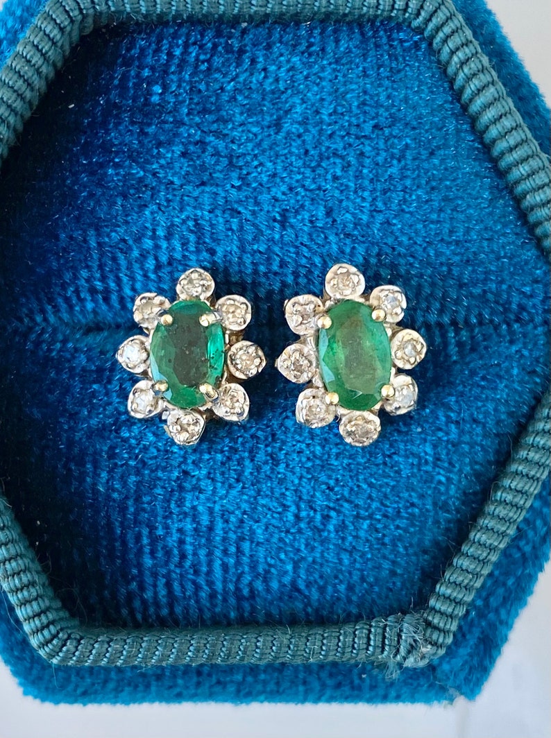 Diamond Emerald Studs, One Carat, 14k Gold Stud Halo Earrings image 1