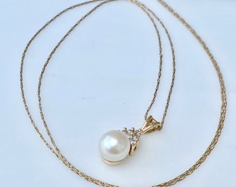Pearl Diamond Necklace, Solid 14k Gold Chain, Real Jewelry for Women