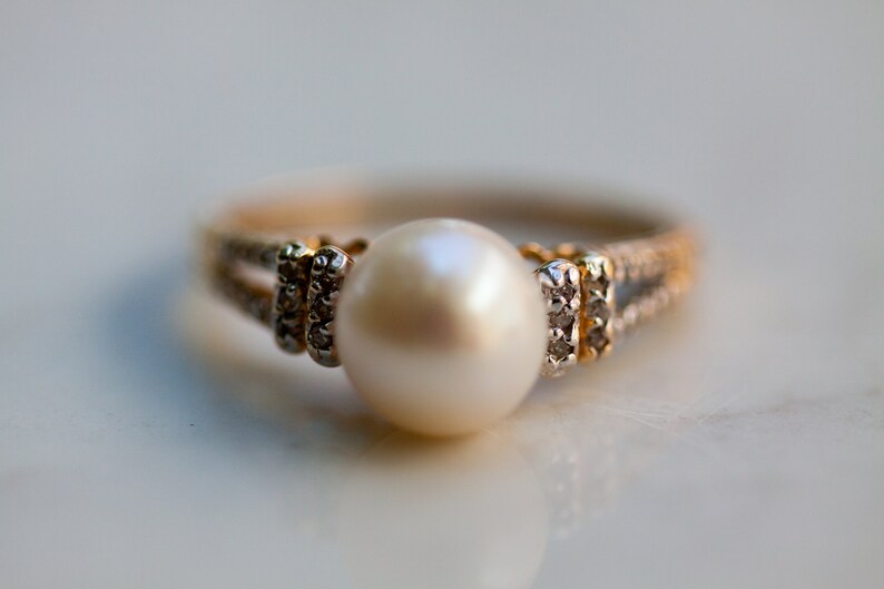 Estate Pearl and Diamond Accent Ring Set in 14K Solid Yellow Gold, Size 7 / Pearl Ring / Pearl Engagement Ring / image 1