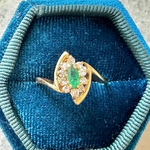 Emerald Engagement Ring with Diamonds in 14k Yellow Gold, Marquise Cut Diamond Halo Ring Size 4 1/2 Vintage Emerald May Birthstone Ring