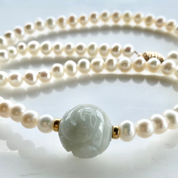Vintage Pearl Strand with Carved Jade and 14k Gold Clasp, Pearl Jade Necklace