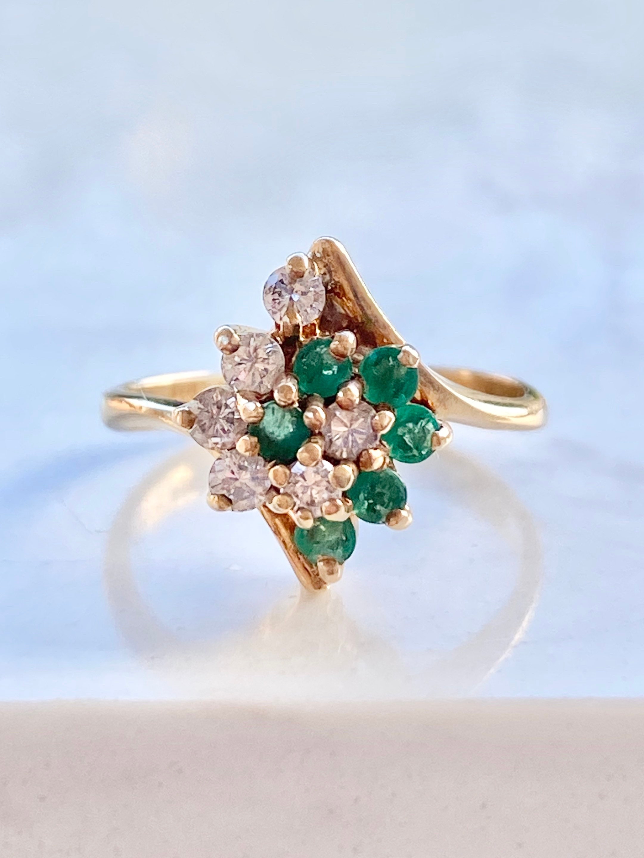 Vintage Emerald Diamond Cluster Ring 14K Gold Size 4 1/2 | Etsy