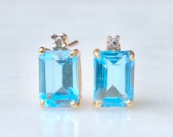 14k Gold Blue Topaz Earrings, Natural Diamond Studs, Something Blue for the Bride