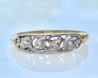 Diamond Leaf Wedding Band 14k Gold, Stacking Ring Size 6