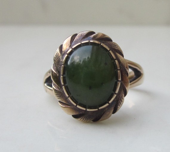 Vintage 14k Solid Yellow Gold and Nephrite Jade R… - image 3