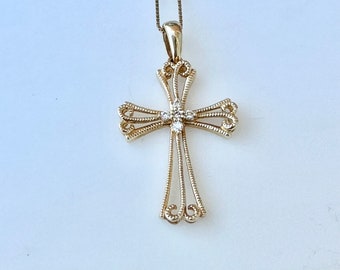 Vintage Diamond Cross Necklace, Solid 14K Gold Chain, Diamond Cross Gift Pendant