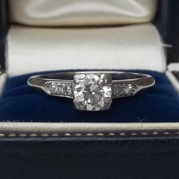 Midcentury Brilliant Cut Diamond Engagement Ring 0.54 H,SI2 Center, with Accent Diamonds 0.60 tcw  in Platinum and 14K White Gold size 8.5
