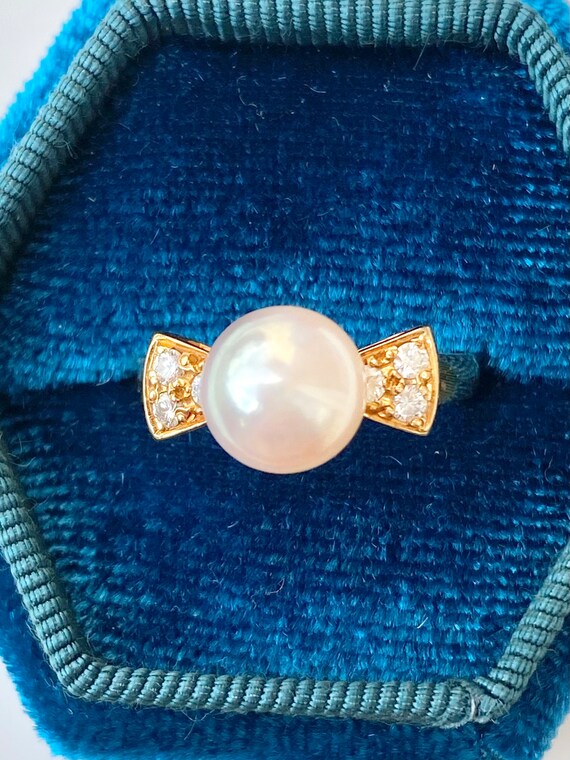 Mikimoto Pearl and Diamond 18k Gold Ring, Bow, Ri… - image 4