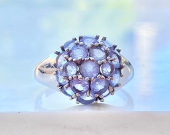 Anillo de racimo de tanzanita vintage, oro blanco de 10 k, tamaño 6, redondo, un quilate, piedra preciosa púrpura, regalo para ella, anillo de domo, joyería fina, novia