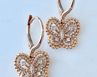 Diamond Butterfly Earrings, Bridal Jewelry for Bride, 14k Gold Drop Earrings, Solid Rose Gold Diamond Butterfly Dangle Earrings