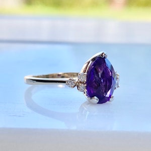 Amethyst Diamond Gold Ring, 14k Gold Ring, Size 5 1/2, Engagement, Pear Cut, February Birthstone Ring image 4