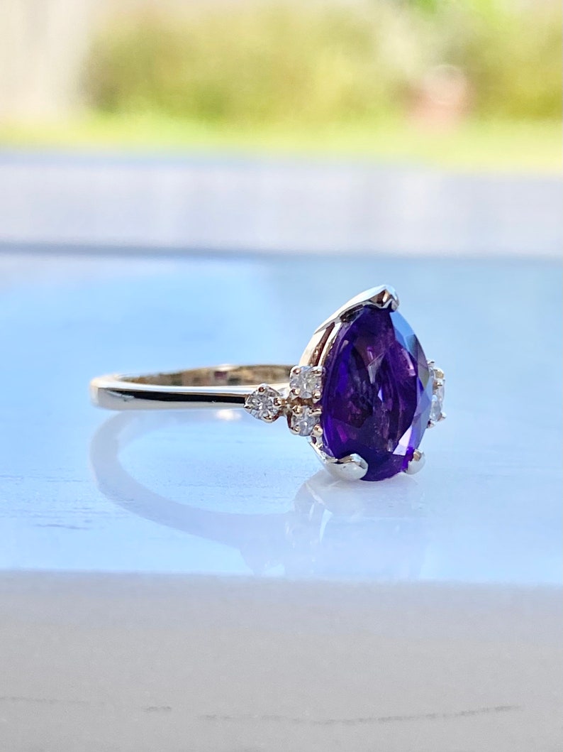 Amethyst Diamond Gold Ring, 14k Gold Ring, Size 5 1/2, Engagement, Pear Cut, February Birthstone Ring image 4
