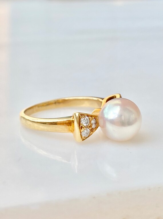 Mikimoto Pearl and Diamond 18k Gold Ring, Bow, Ri… - image 2