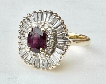 Vintage Diamond Ruby Ballerina Ring, July Birthstone 14k Gold Ring, Large Halo Engagement Ring with Diamond baguettes