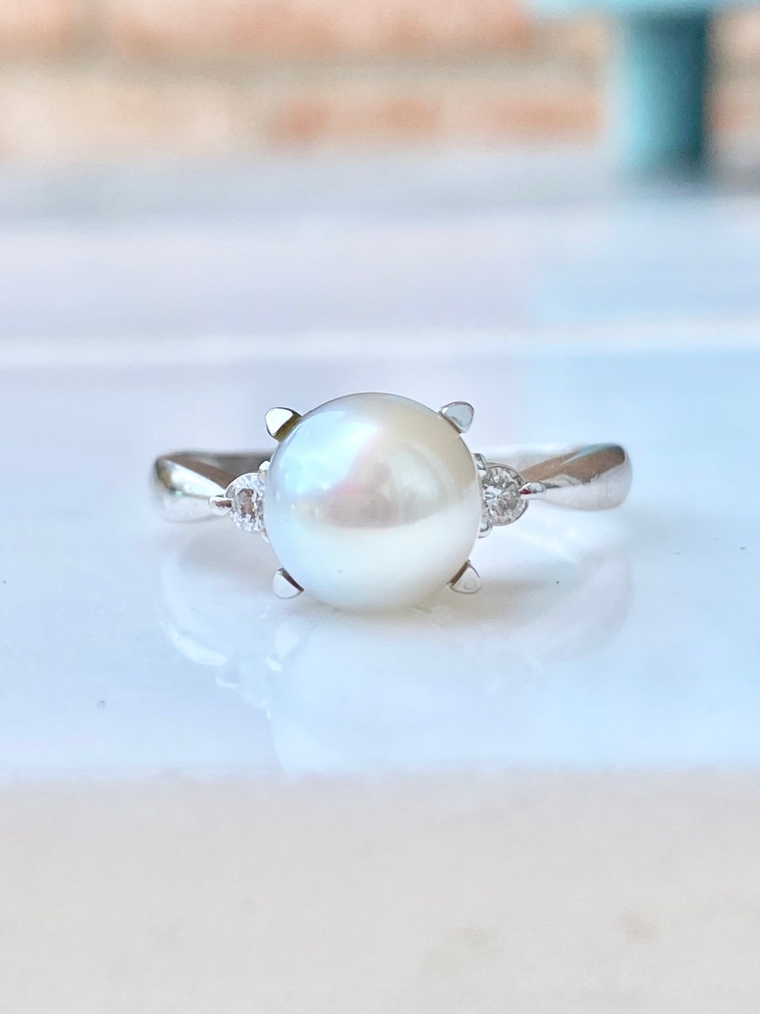 Platinum Pearl Diamond Engagement Ring, Size 8, White 8 Mm