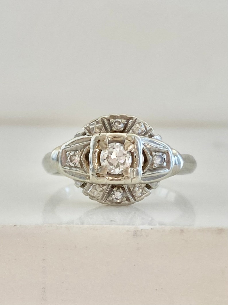 Art Deco Style Engagement Ring, 14k White Gold Diamond Ring, Solid Gold Vintage Ring image 4